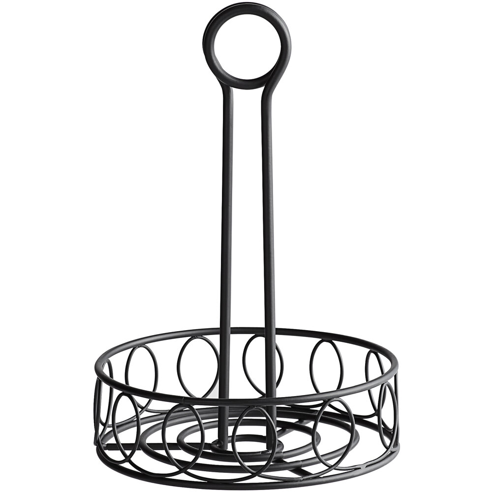 Choice Black Round Spiral Wrought Iron Condiment Caddy with Card Holder - 6" x 9 1/2"