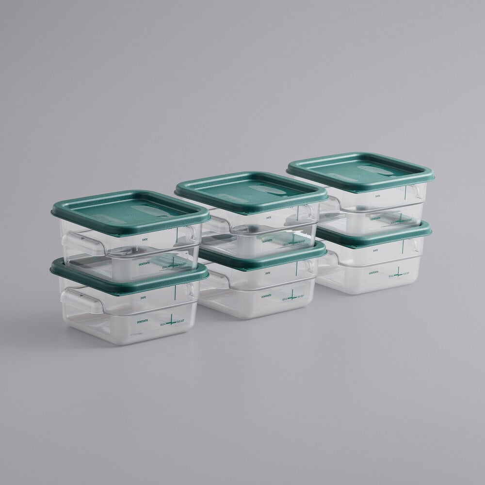 Vigor 2 Qt. Clear Square Polycarbonate Food Storage Container and Green Lid - 6/Pack