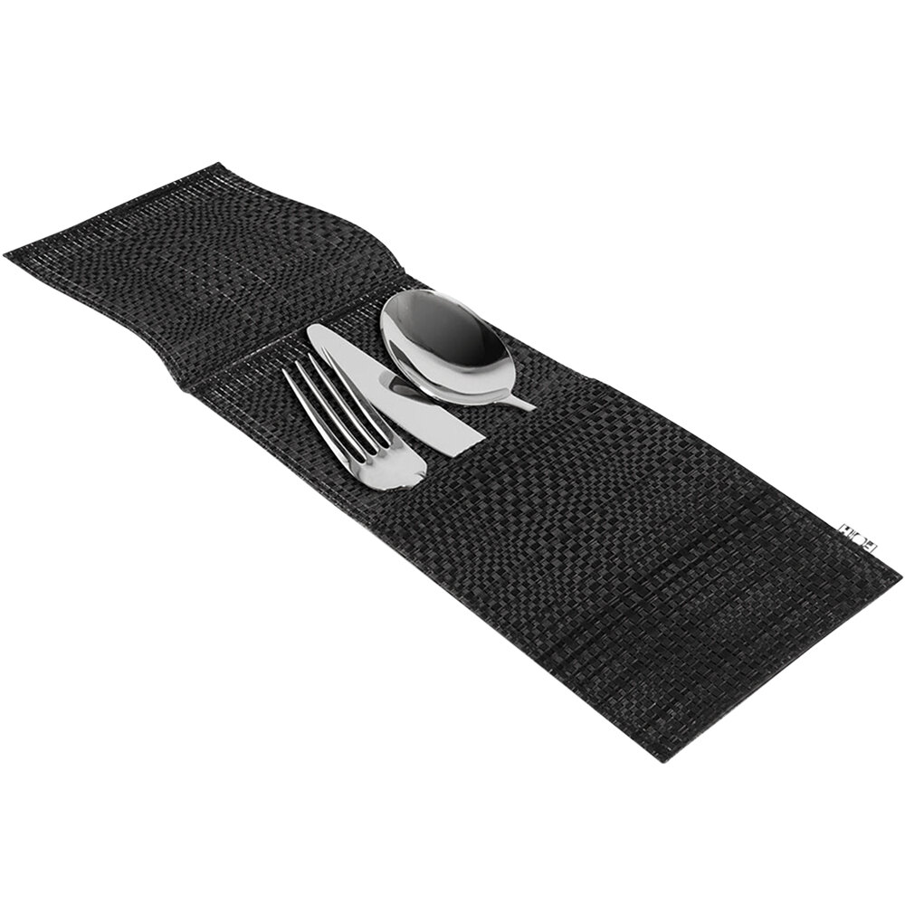 Front of the House Metroweave 10" x 4 1/2" Black Mesh Woven Vinyl Silverware Pocket with Cover - 12/Pack
