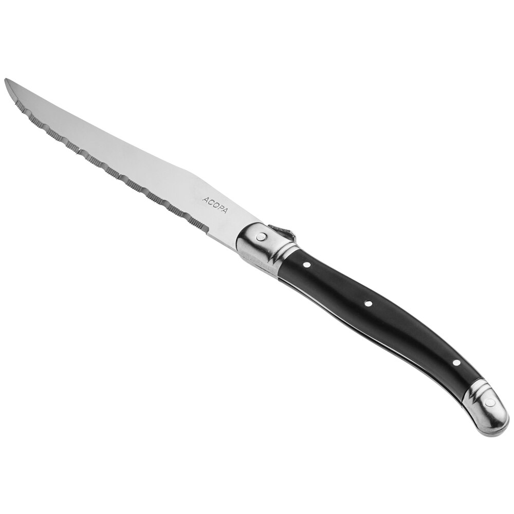 Acopa 4 1/2" Stainless Steel Steak Knife with Black Polypropylene Euro Handle - 12/Case