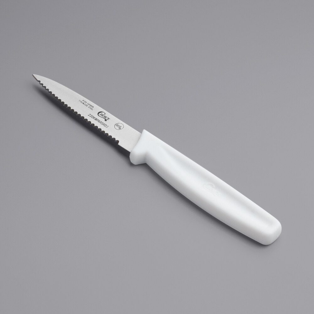 Choice 3" Serrated Edge Paring Knife with White Handle