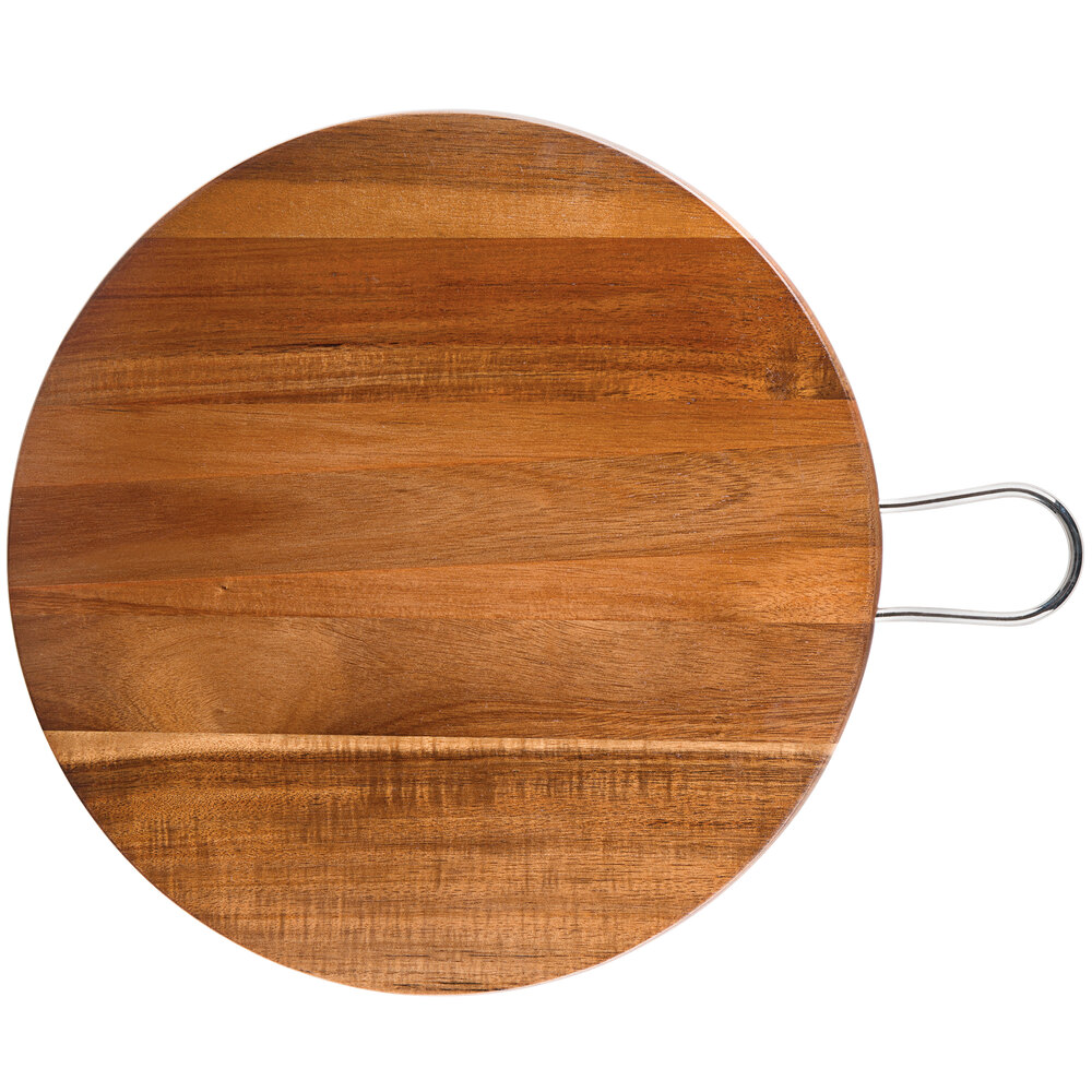 Tablecraft ACAMR14 Acacia Wood Round Display Board with Brushed Nickel Handle - 14" x 5/8"