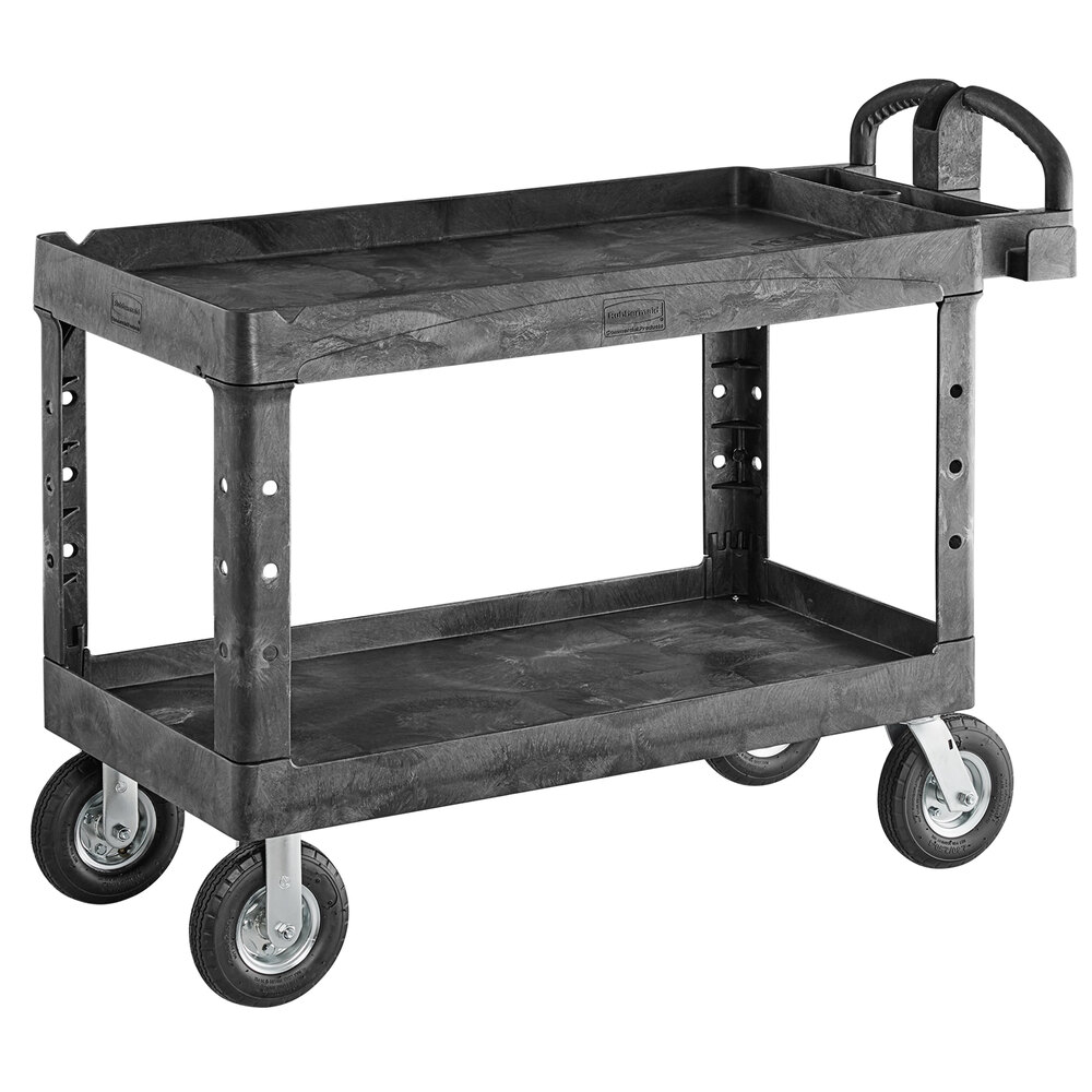 Rubbermaid® FG454610BLA BRUTE Black Large Lipped Heavy Duty Two Shelf Utility Cart with Ergonomic Handle and 8" Pneumatic Casters