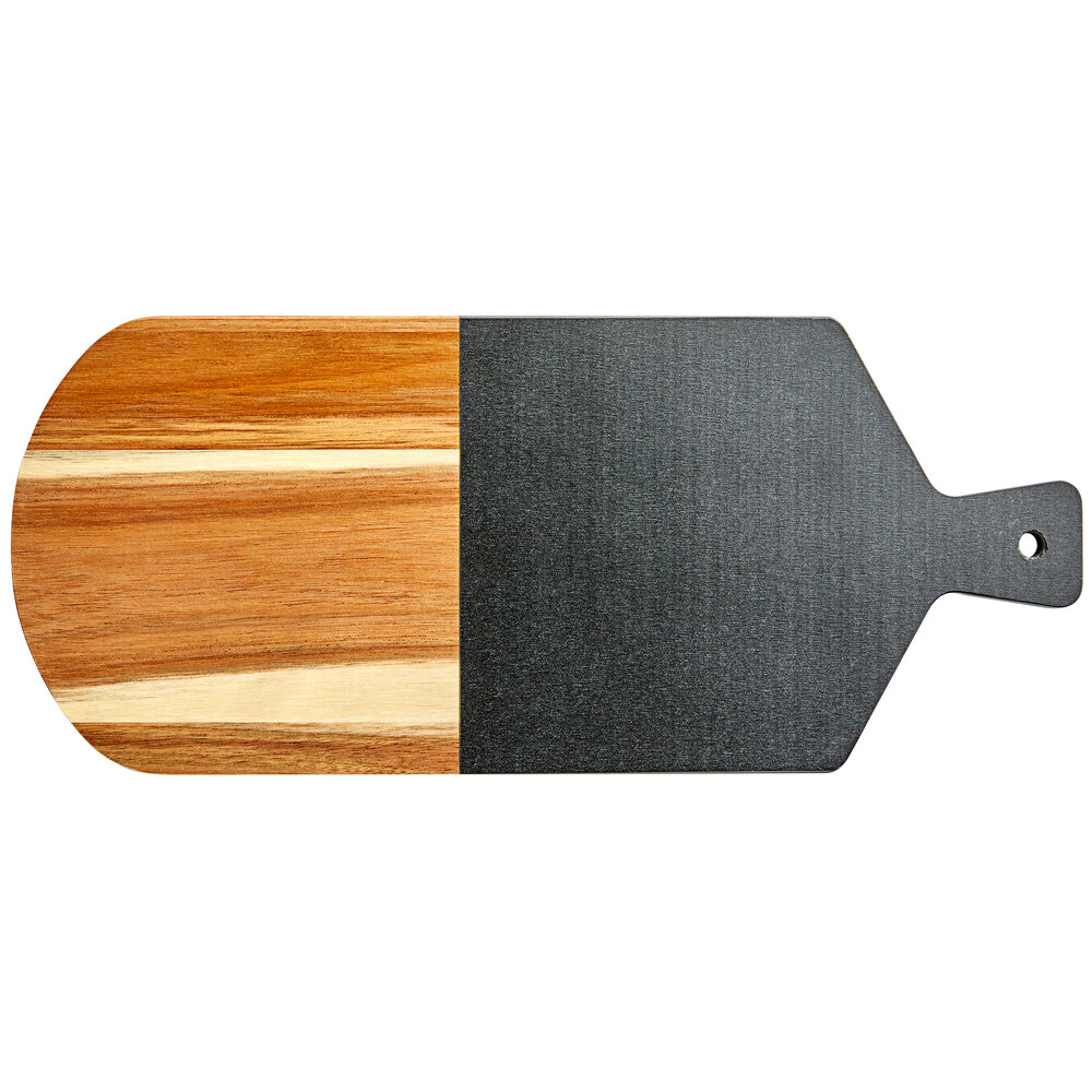 Acopa 14" x 7" Acacia Wood and Slate Serving Board with 2 1/2" Handle