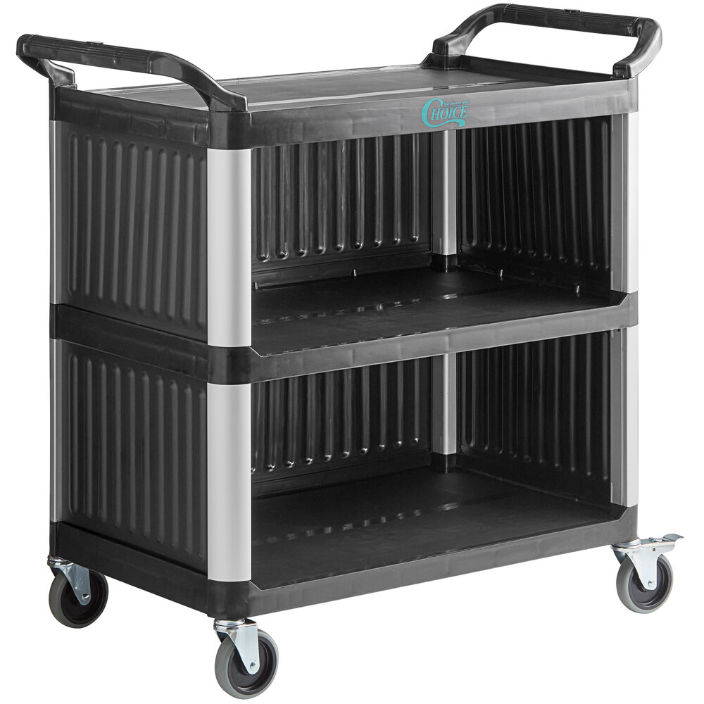 Choice Black Utility / Bussing Cart with Three Shelves and Three Side Panels - 38" x 20"