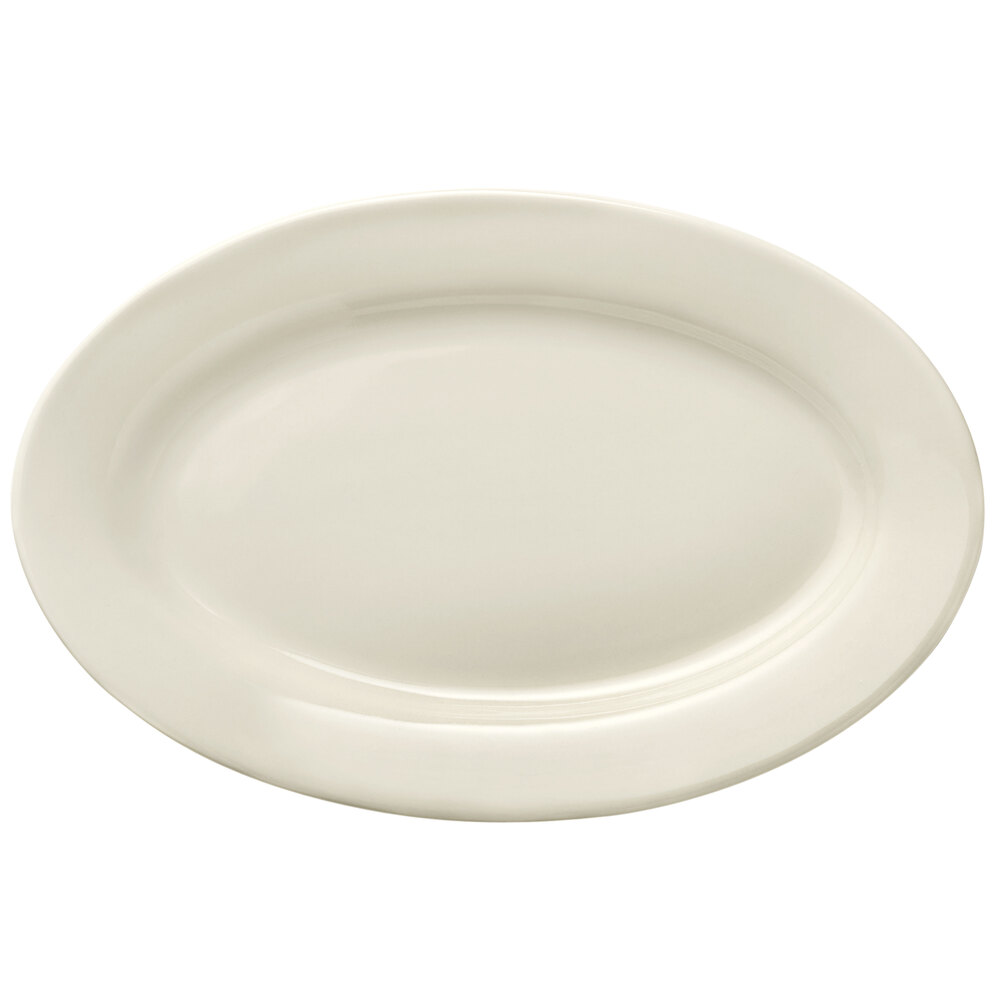 Libbey Porcelana Cream 13 5/8" x 8 7/8" Oval Cream White Wide Rim Rolled Edge Porcelain Platter - 12/Case