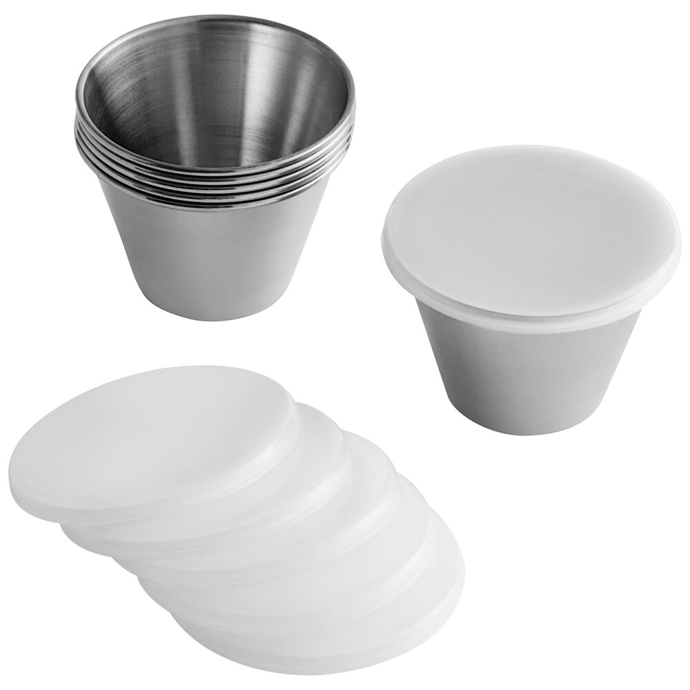 Tablecraft 3 oz. Round Stainless Steel Sauce Cup with Lid - 6/Pack