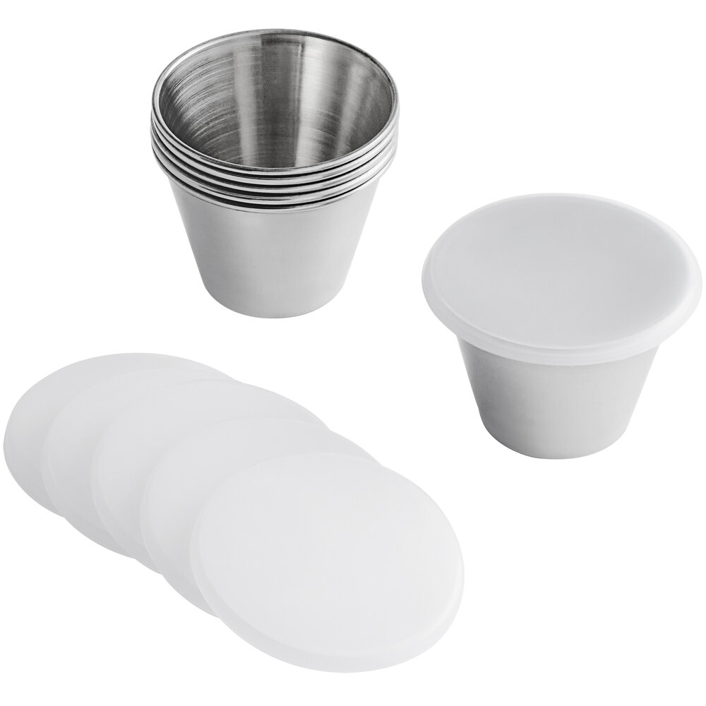 Tablecraft 2.5 oz. Round Stainless Steel Sauce Cup with Lid - 6/Pack