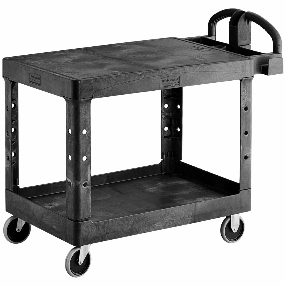 Rubbermaid® FG452500BLA Black Medium Flat Two Shelf Utility Cart with Ergonomic Handle