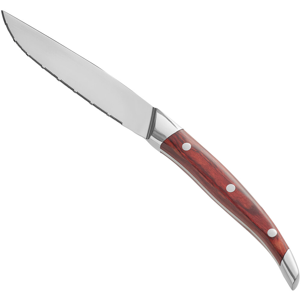 Acopa 4 3/4" Stainless Steel Steak Knife with Full Tang Cherry Finish Pakkawood Handle - 6/Pack