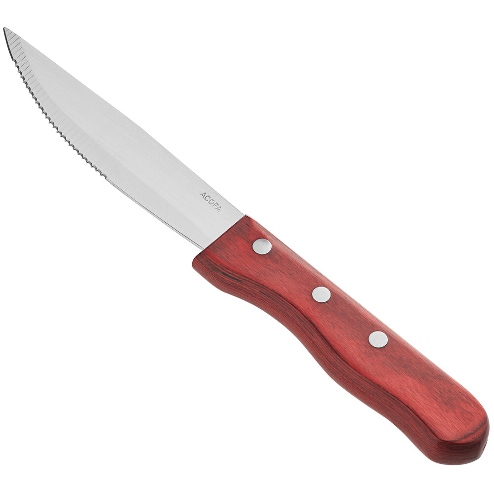 Acopa 4 7/8" Steak Knife with Jumbo Cherry Finish Pakkawood Handle - 12/Pack