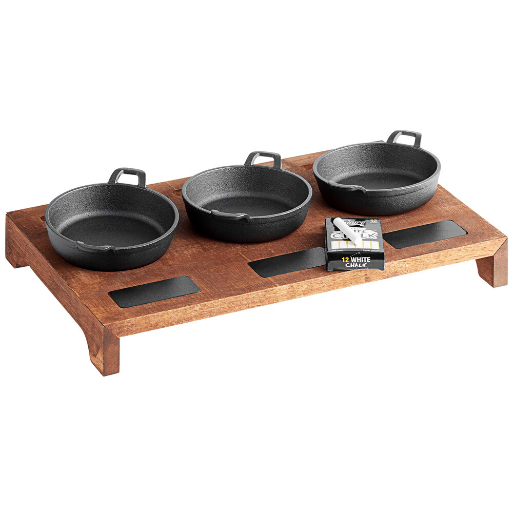 Valor Appetizer / Dessert Sampler with (3) 14 oz. Cast Iron Casserole Dishes, 18 1/2" x 11" x 2 1/2" Rustic Chestnut Finish Display Stand, and Chalk