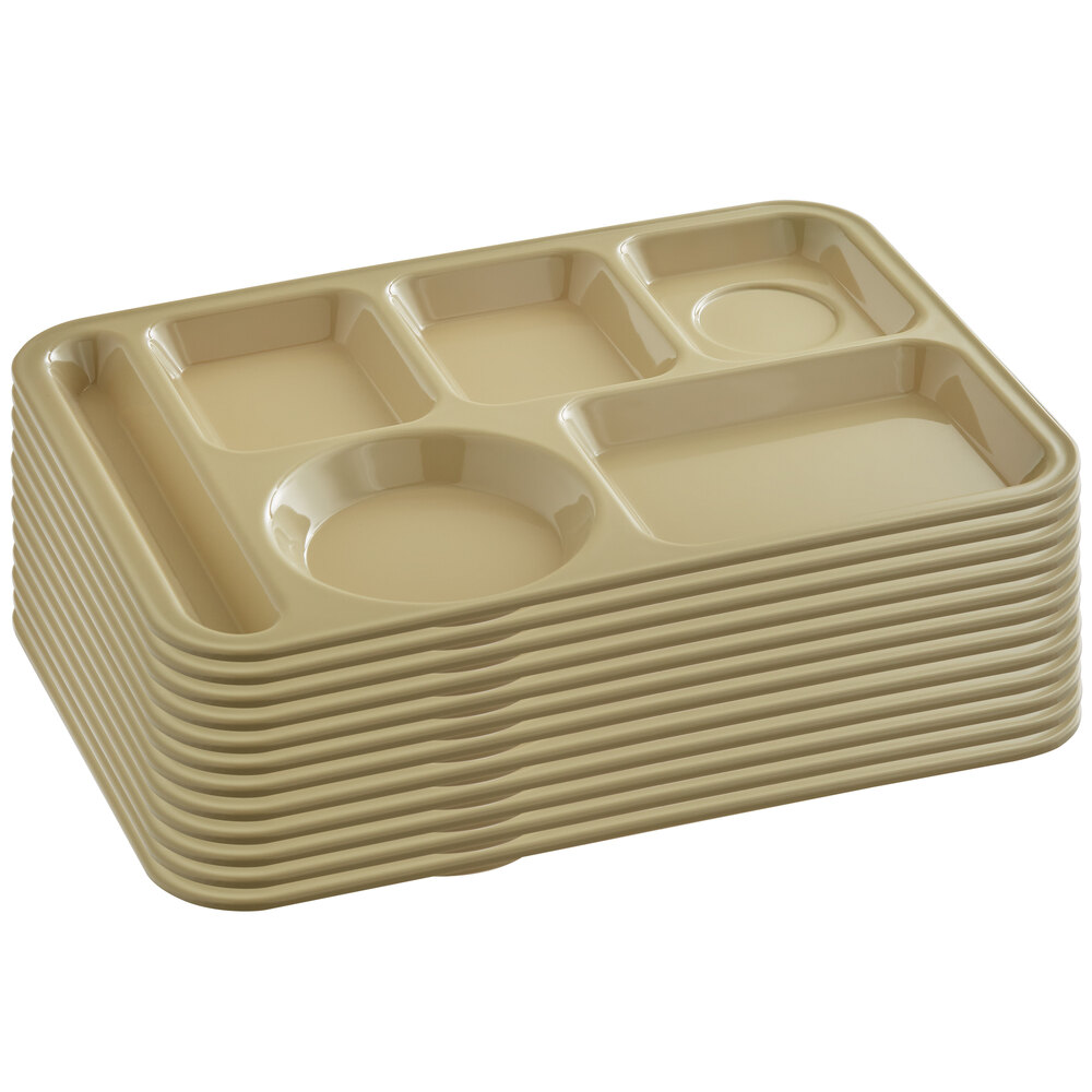 Choice 10" x 14" Left Handed Heavy-Duty Melamine NSF Tan 6 Compartment Tray - 12/Pack