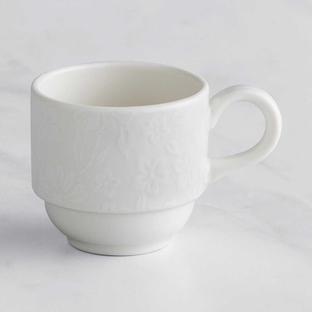 RAK Porcelain Bouquet 3.1 oz. Ivory Embossed Porcelain Stackable Espresso Cup - 12/Case