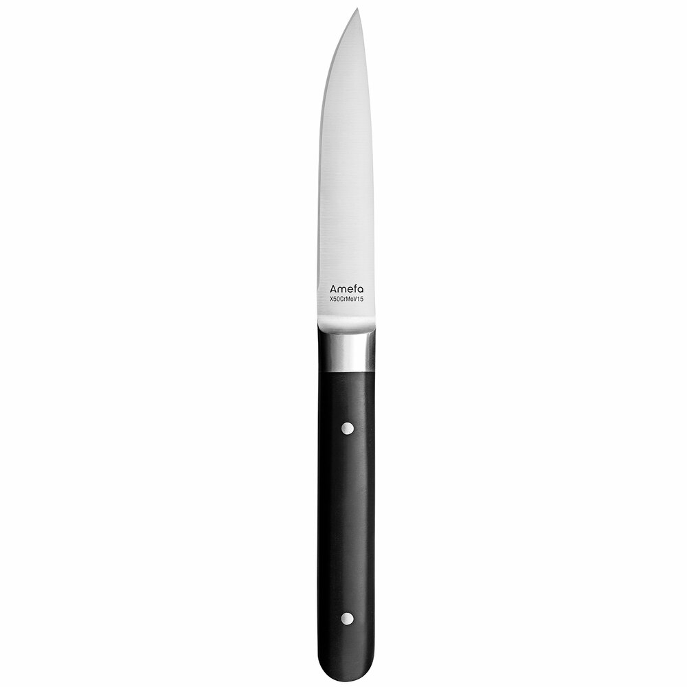 Amefa Fusion 8 5/8" High Carbon Stainless Steel Steak Knife with Black Plastic Handle - 12/Case