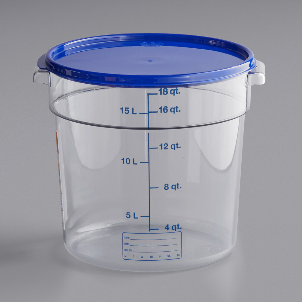 Vigor 18 Qt. Clear Round Polycarbonate Food Storage Container and Blue Lid