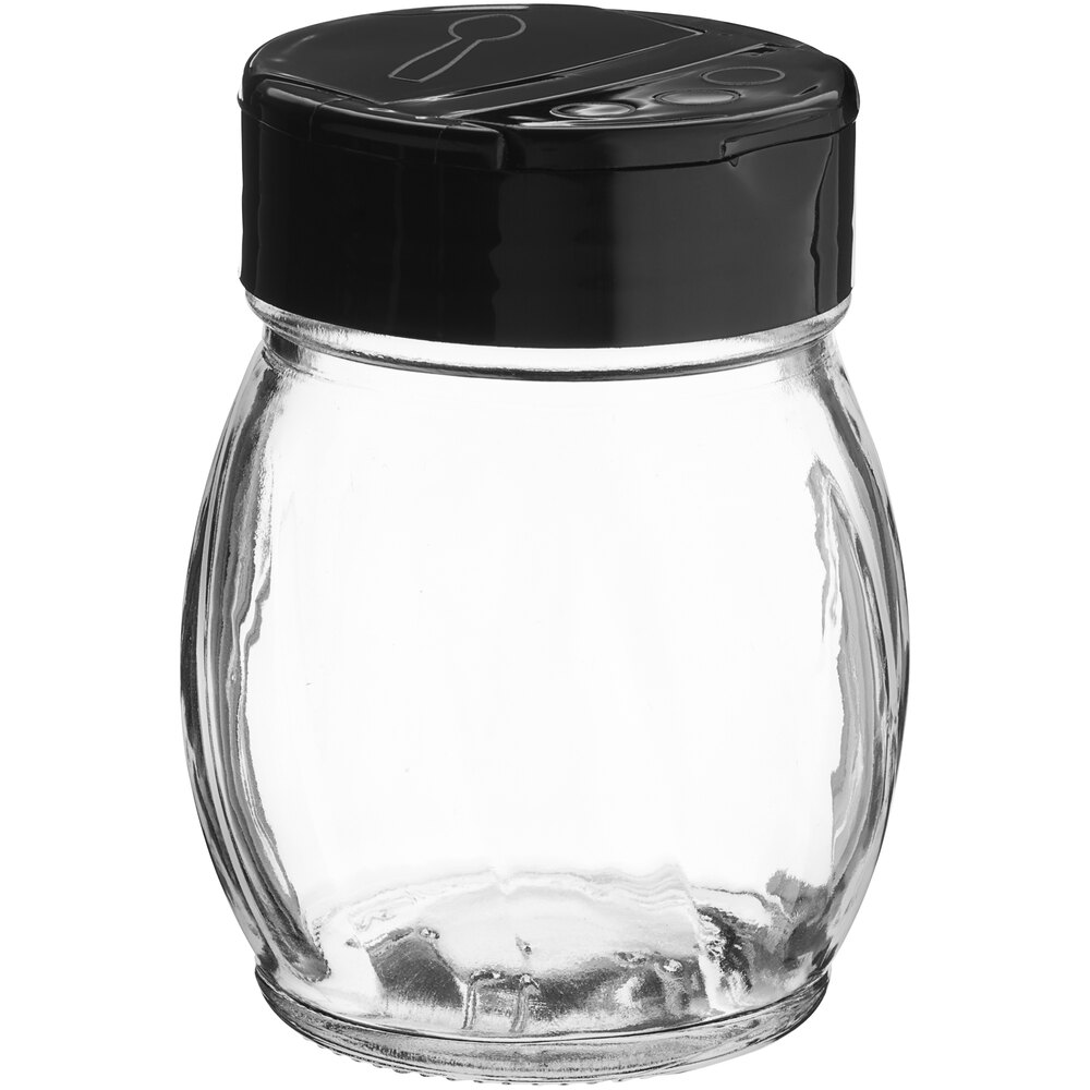 Tablecraft 10327 6 oz. Clear Glass Shaker with Black Plastic Flip Top - 12/Case