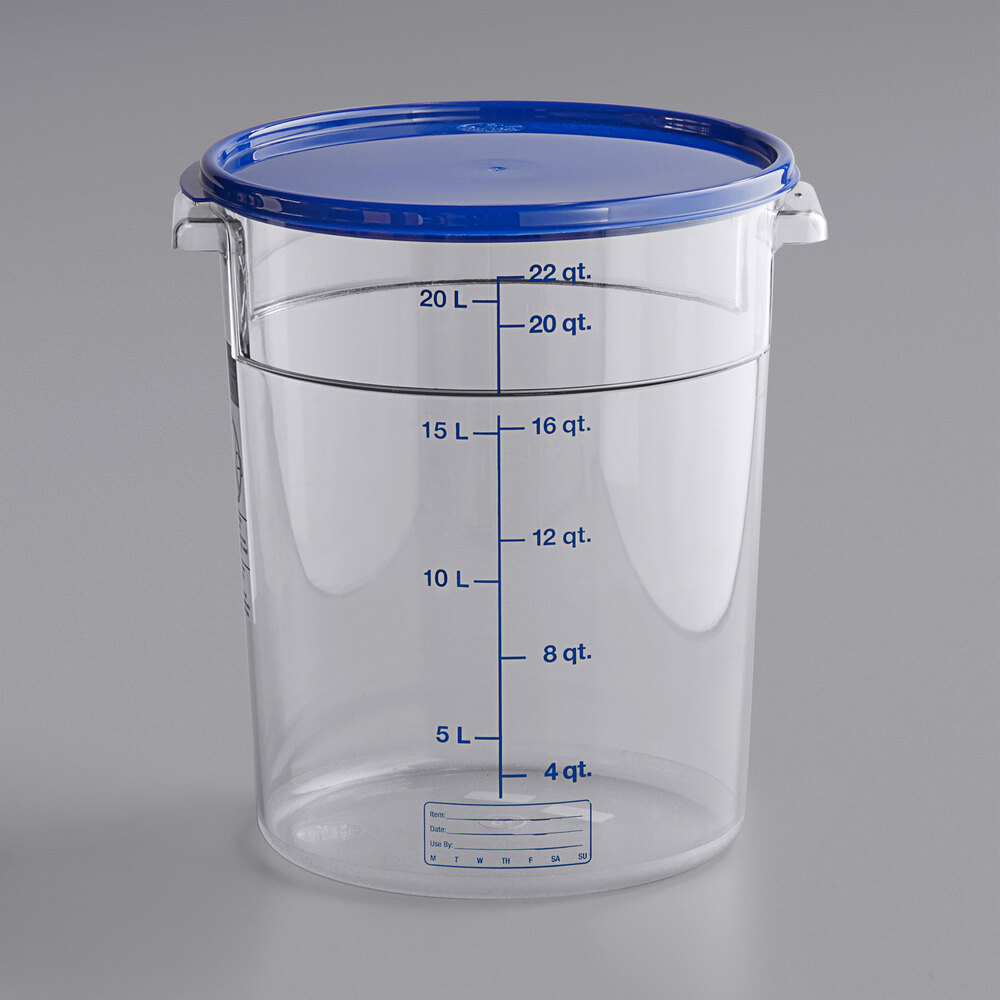 Vigor 22 Qt. Clear Round Polycarbonate Food Storage Container and Blue Lid