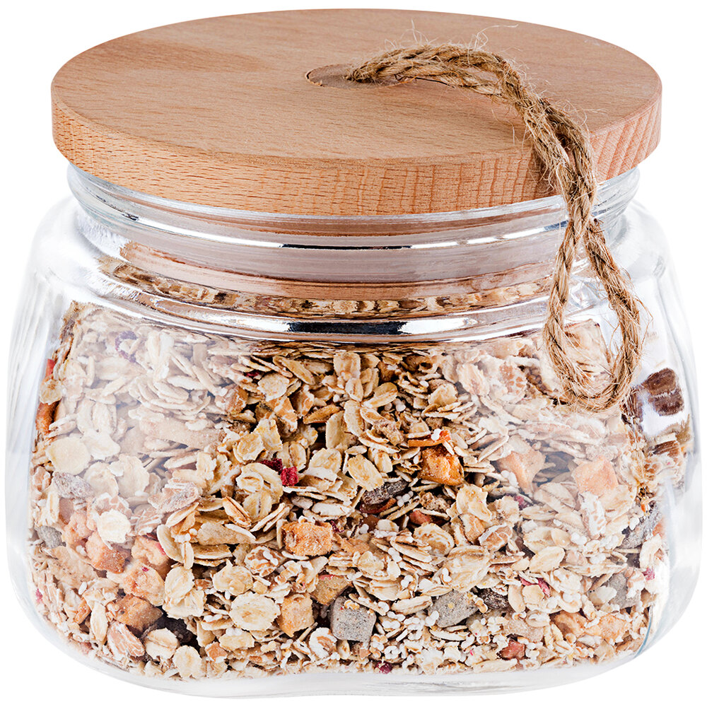 APS Woody 34 oz. Square Glass Jar with Wood Lid and Rope Handle APS 82255 - 12/Case
