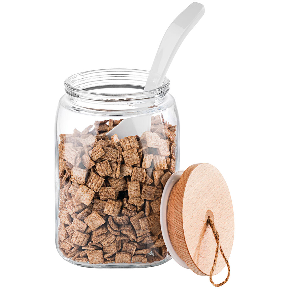 APS Woody 84 oz. Square Glass Jar with Wood Lid and Rope Handle APS 82257 - 6/Case
