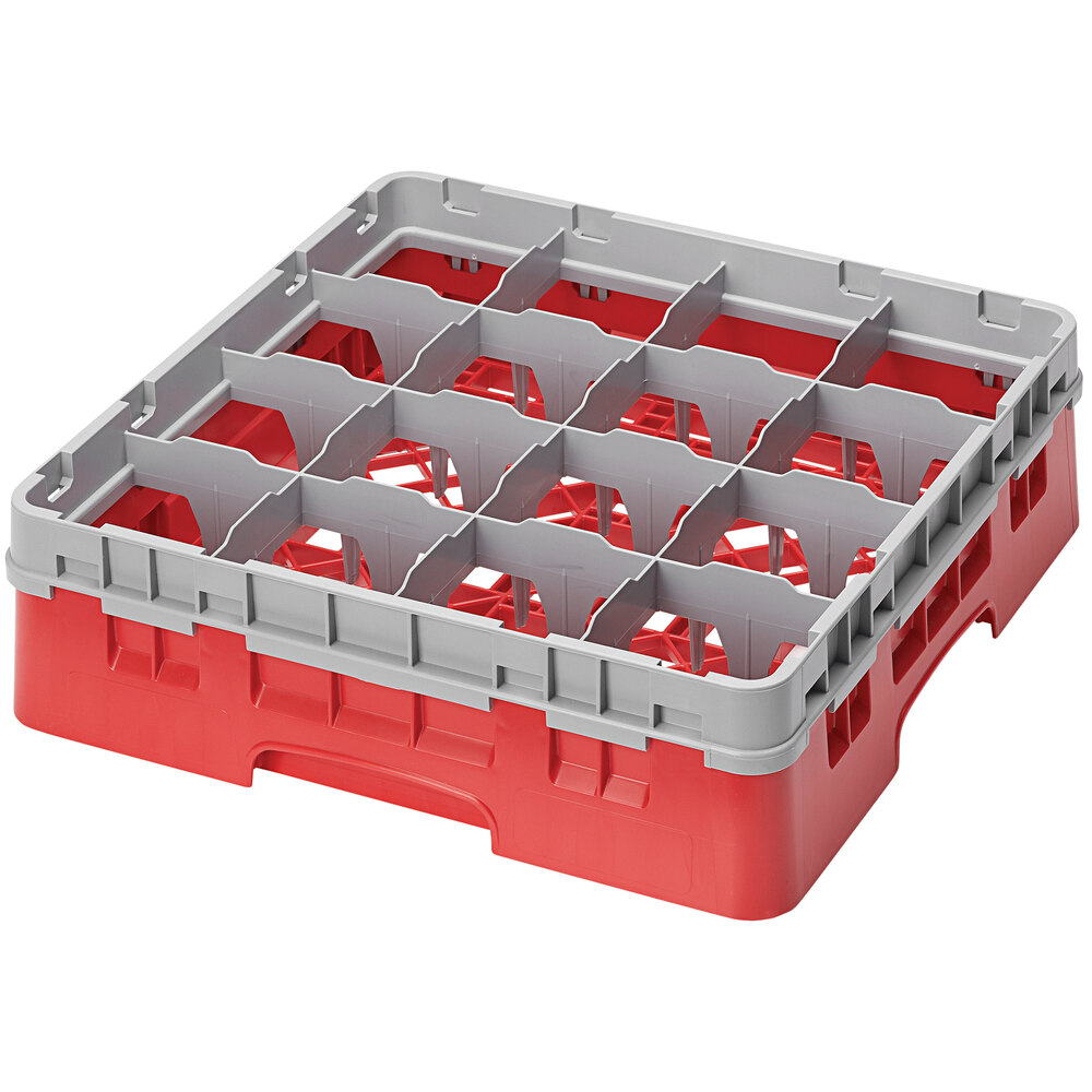 Cambro 16S418163 Camrack 4 1/2" High Customizable Red 16 Compartment Glass Rack