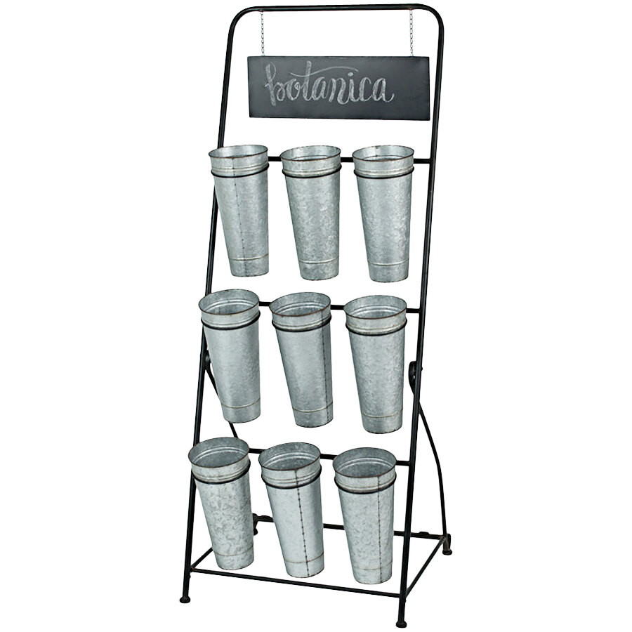 Kalalou 25" x 24" x 62" 3-Tier Flower Rack with 9 Galvanized Metal Buckets
