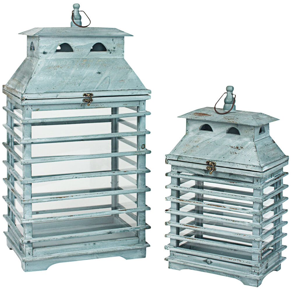 Kalalou 2-Piece Blue Vintage Shutter Wooden Lantern Set