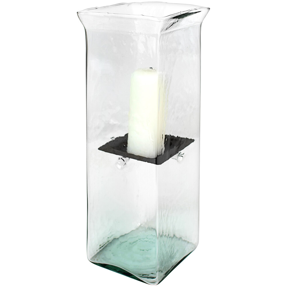 Kalalou Large Glass Square Hurricane Candle Holder with Rustic Metal Insert