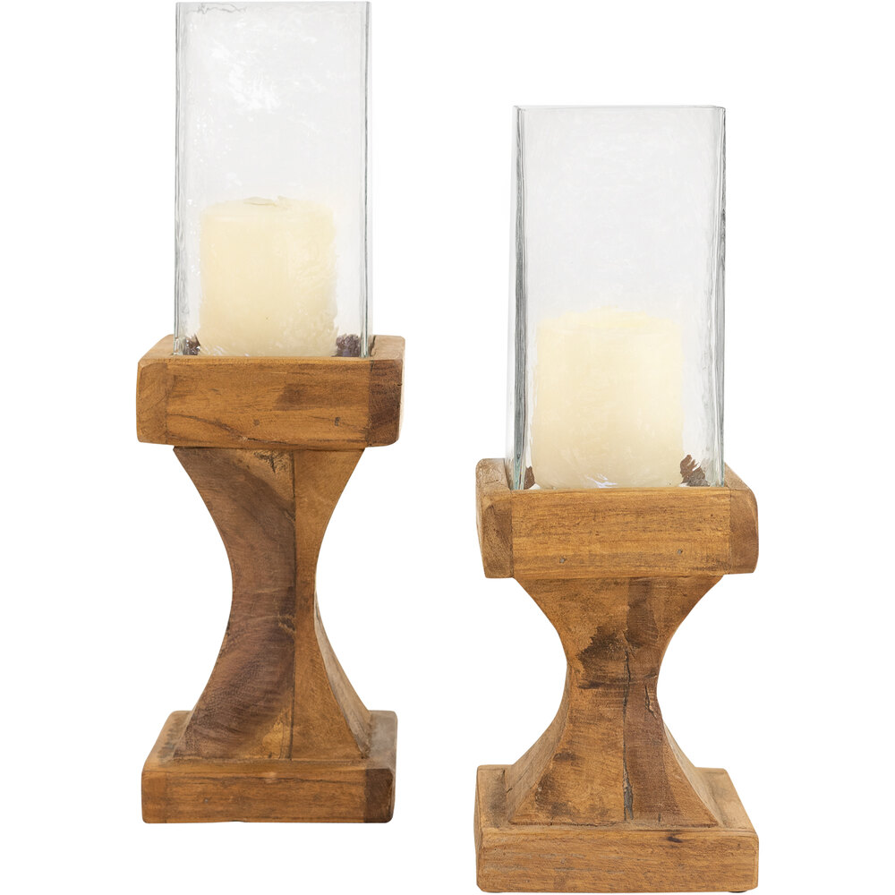 Kalalou 2-Piece Glass Square Pillar Hurricane Candle Holder with Recycled Wooden Base Set