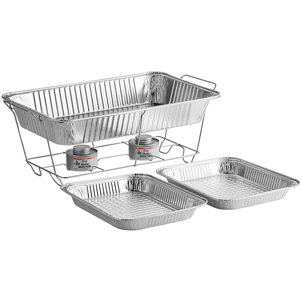 Choice 6 Piece Full Size Disposable Chafer Dish Kit with a Wire Stand, Deep Pan, (2) 1/2 Size Shallow Pans, and (2) 4 Hour Wick Fuels