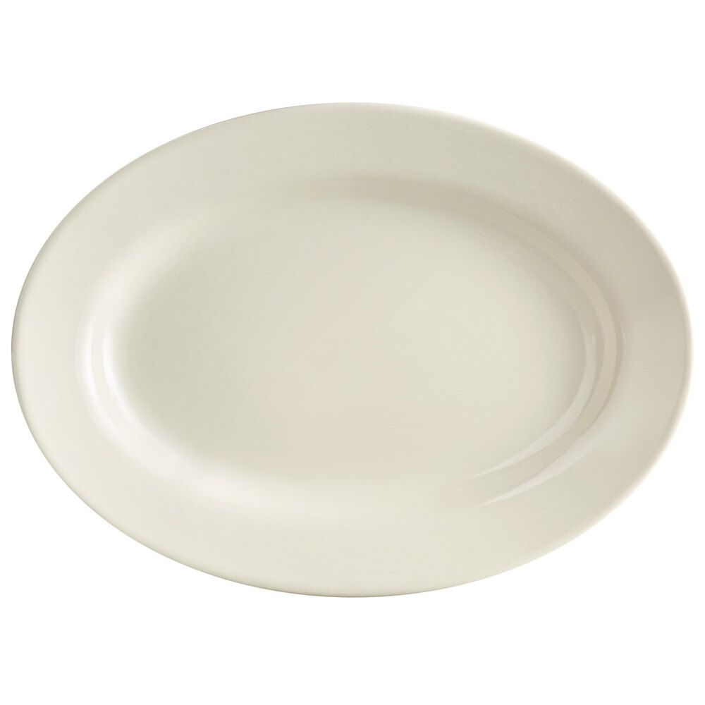 Acopa 12 1/2" x 8 7/8" Ivory (American White) Wide Rim Rolled Edge Oval Stoneware Platter - 12/Case