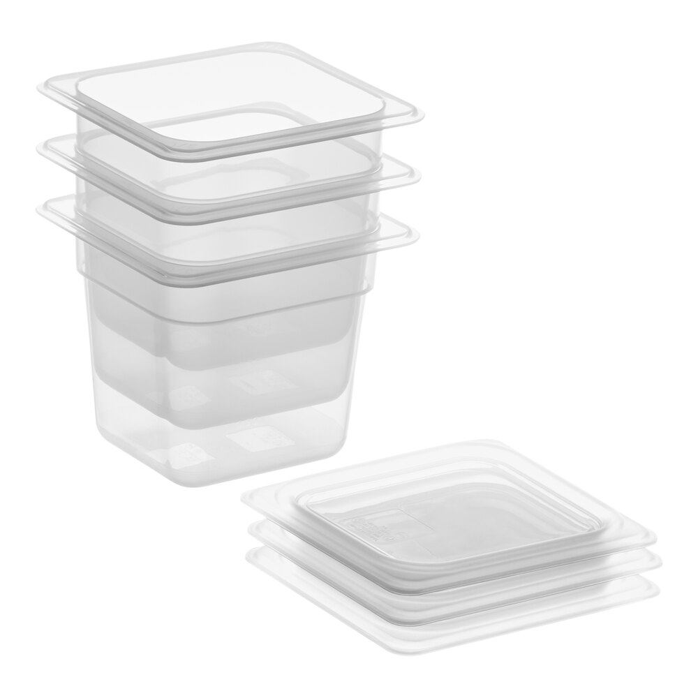 Vigor 1/6 Size 6" Deep Translucent Polypropylene Food Pan with Secure Sealing Lid Kit - 3/Pack