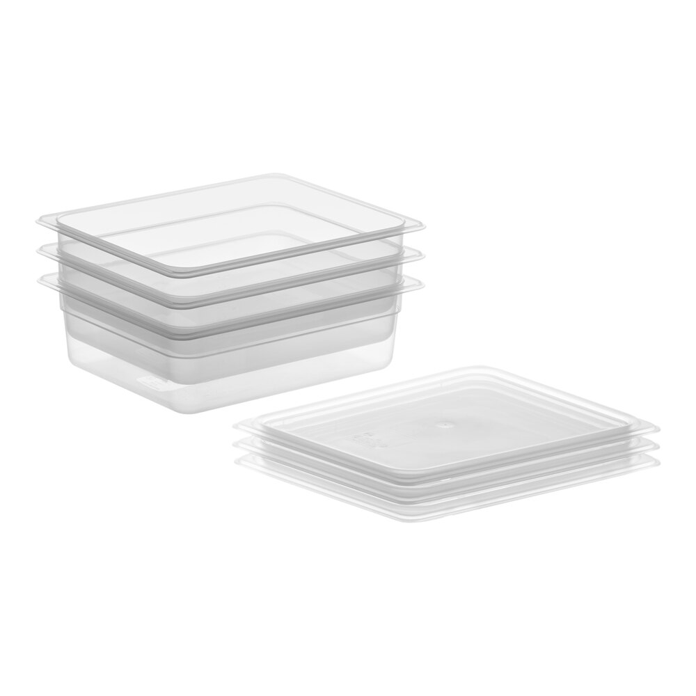 Vigor 1/2 Size 4" Deep Translucent Polypropylene Food Pan with Secure Sealing Lid Kit - 3/Pack