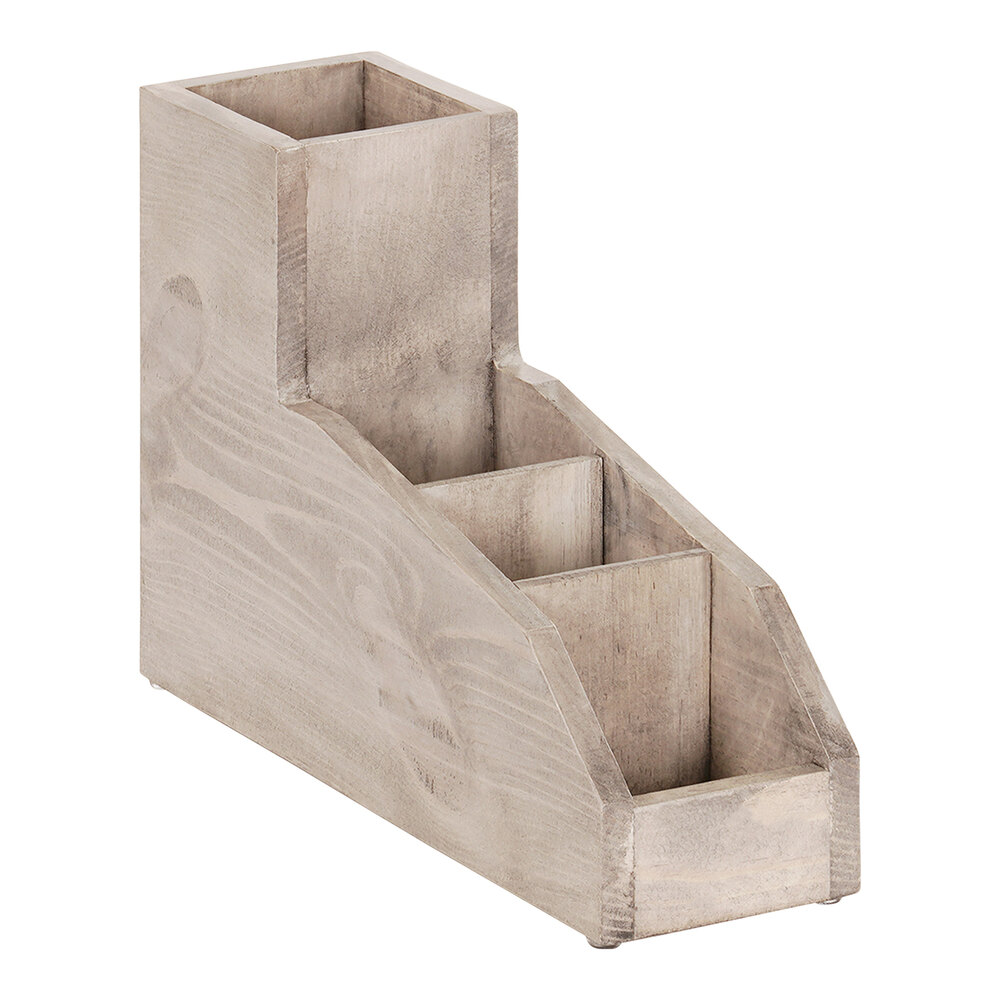 Cal-Mil Aspen 4-Section Gray-Washed Pine Wood Tea / Condiment Organizer 22705-110 - 4" x 14" x 9 1/2"
