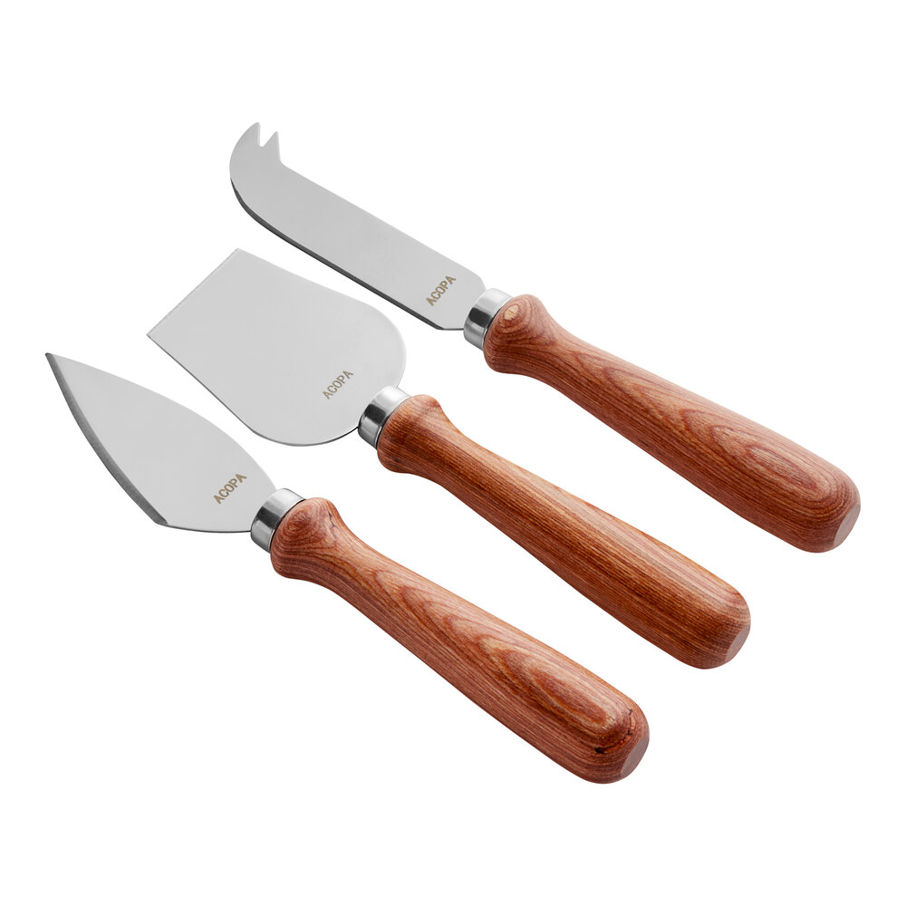 Acopa 3-Piece Stainless Steel Cheese Knife Set with Natural Pakkawood Handles