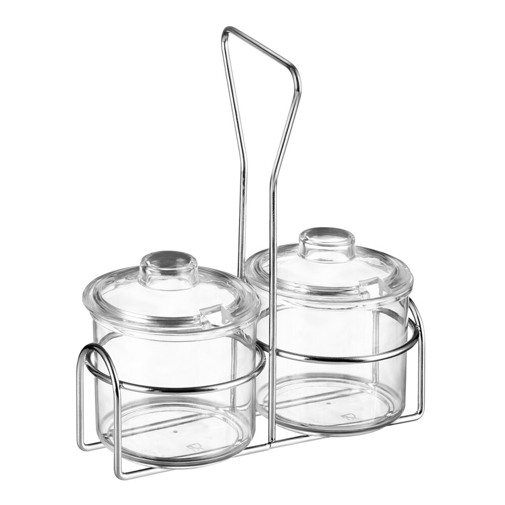 Choice 2-Compartment Wire Condiment Caddy with (2) 7 oz. Clear Plastic Jars with Lids