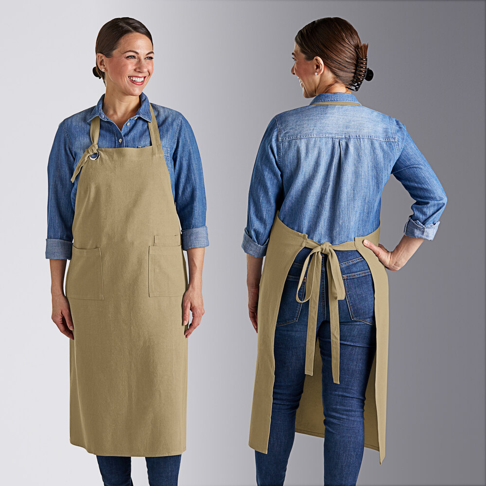 Acopa Ashville Sage Linen Adjustable Bib Apron with 3 Pockets - 34" x 30"