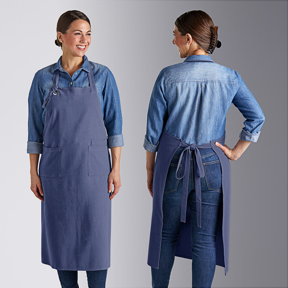 Acopa Ashville Ocean Linen Adjustable Bib Apron with 2 Pockets - 34" x 30"