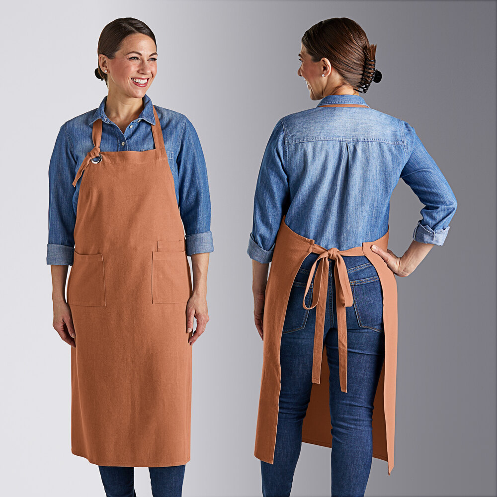 Acopa Ashville Cinnamon Linen Adjustable Bib Apron with 3 Pockets - 34" x 30"
