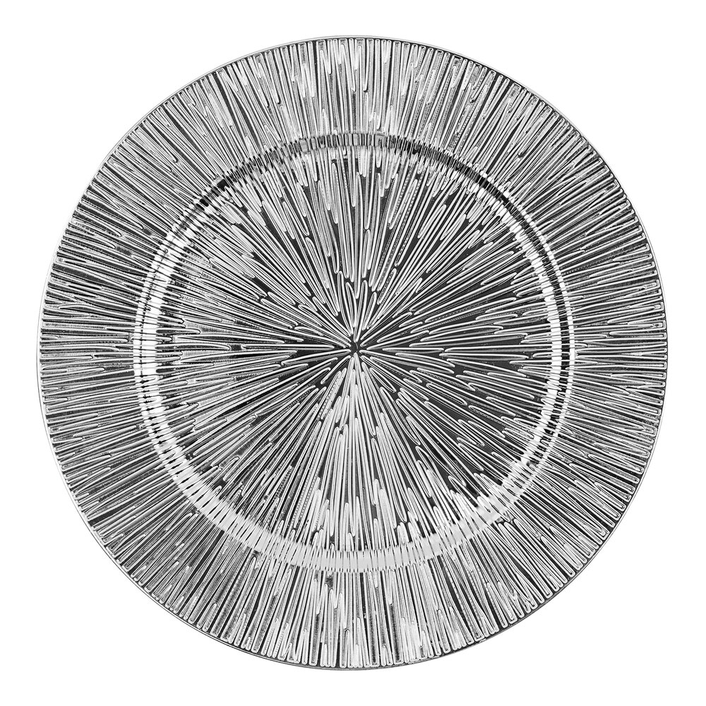 American Atelier 13" Round Starburst Silver Plastic Charger Plate by Jay Companies - 12/Pack