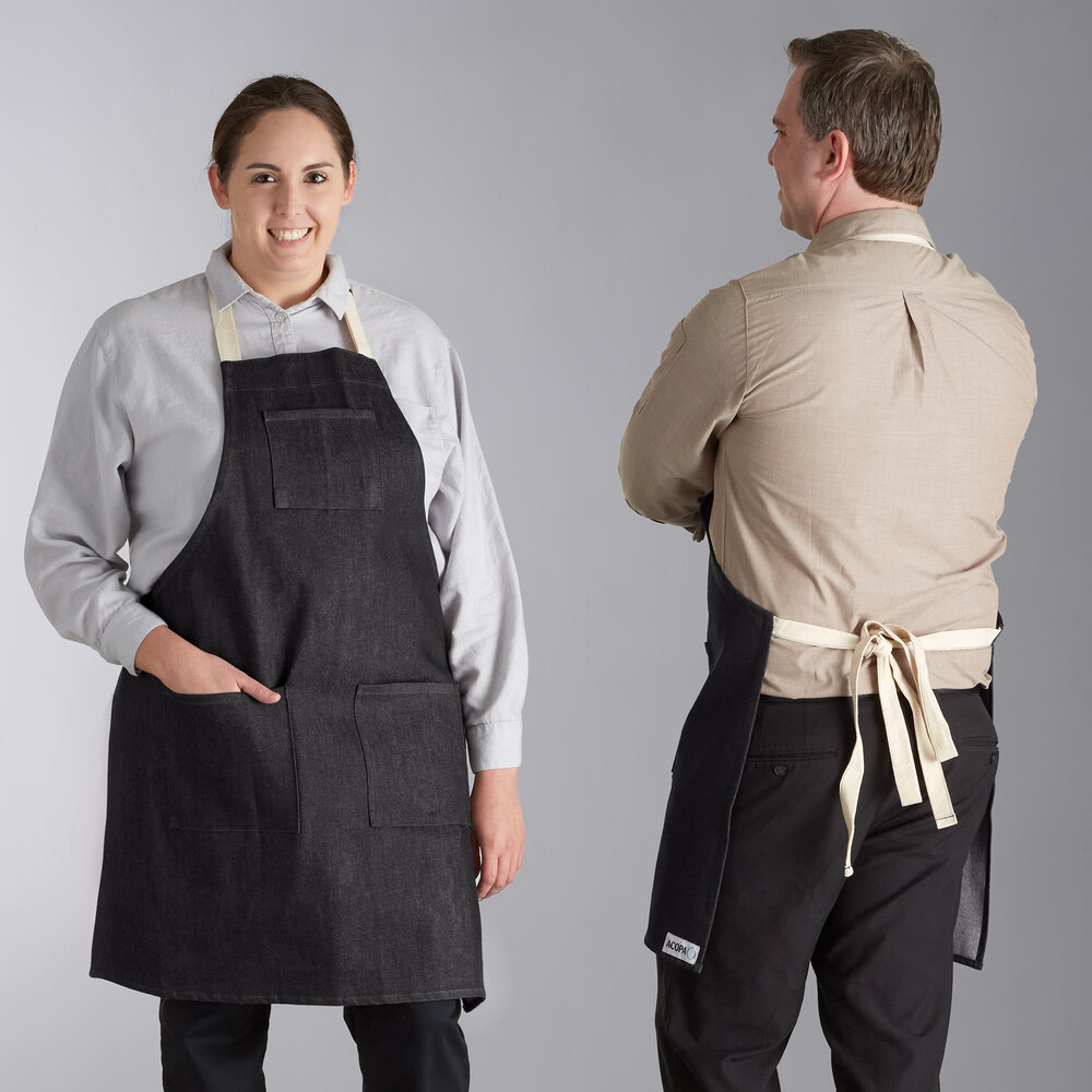 Acopa Kennett Black Denim Adjustable Bib Apron with 3 Pockets and Natural Webbing - 32" X 30"