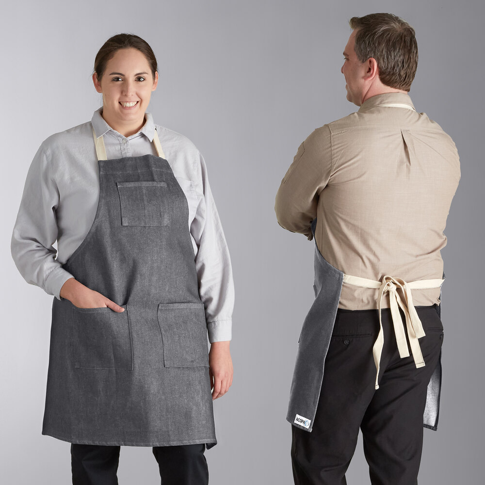 Acopa Kennett Gray Denim Adjustable Bib Apron with 3 Pockets and Natural Webbing - 32" X 30"