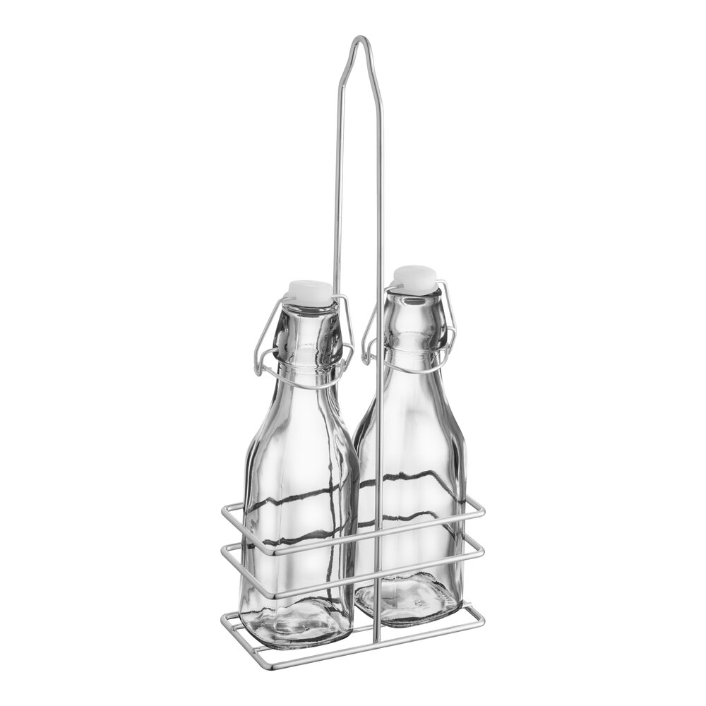 Choice 8.5 oz. 3-Piece Oil & Vinegar Swing Top Lid Cruet Set with Rack