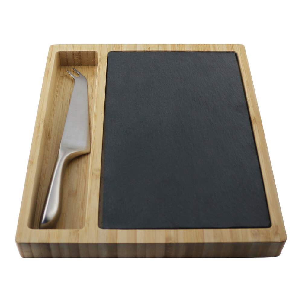 Franmara 11 7/8" x 9" x 7/8" Acacia Cheese Board with Slate Insert and Stainless Steel Knife