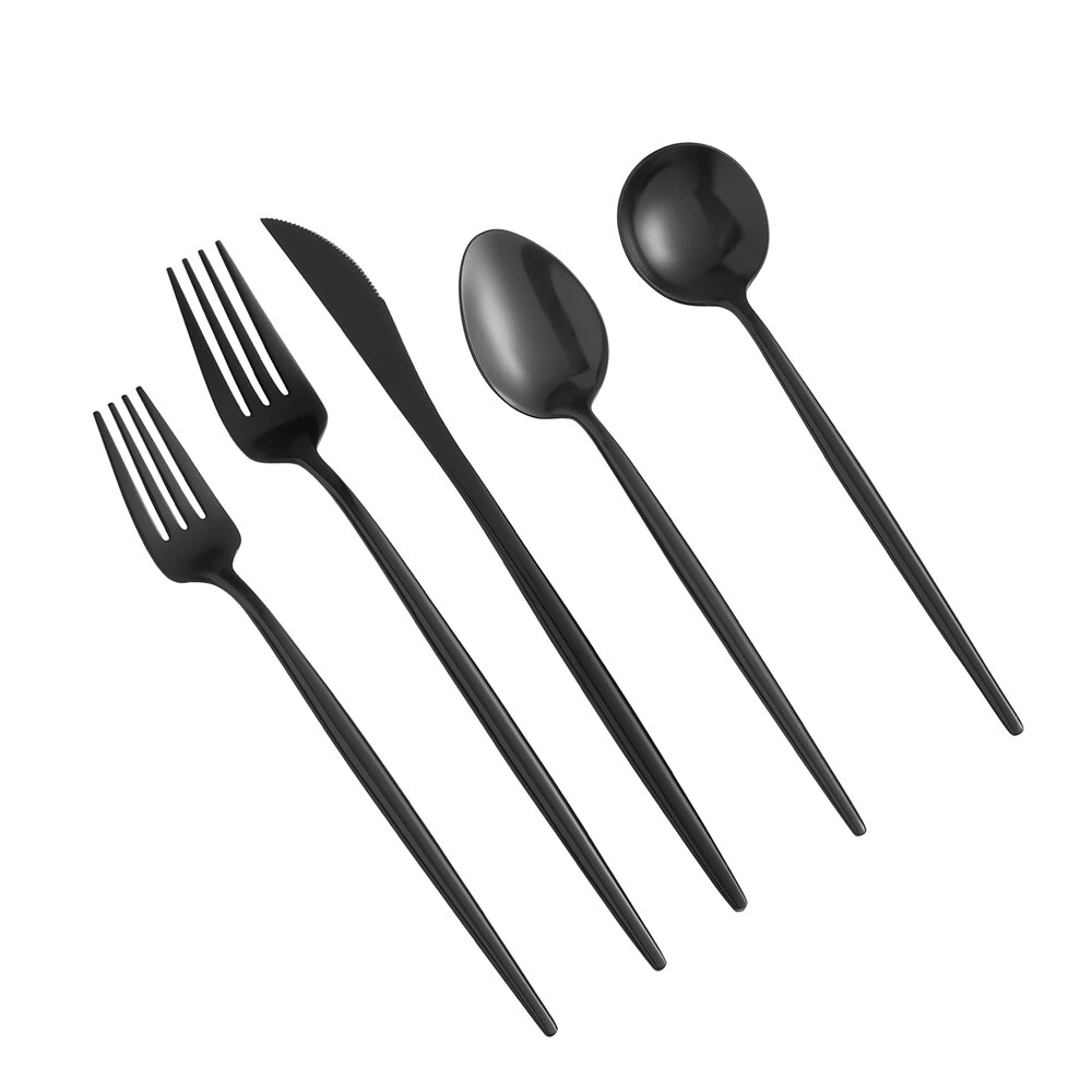 Acopa Odin Black 18/8 Brushed Stainless Steel Extra Heavy Weight Forged Flatware 5-Piece Set - Sample