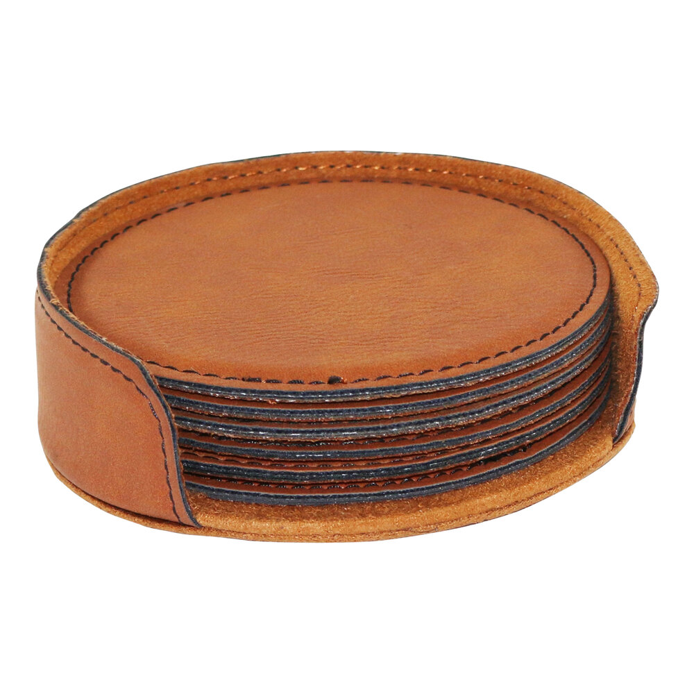 Franmara Suave 3 3/4" Rawhide Round Leatherette Coaster Set with Holder - 6/Set