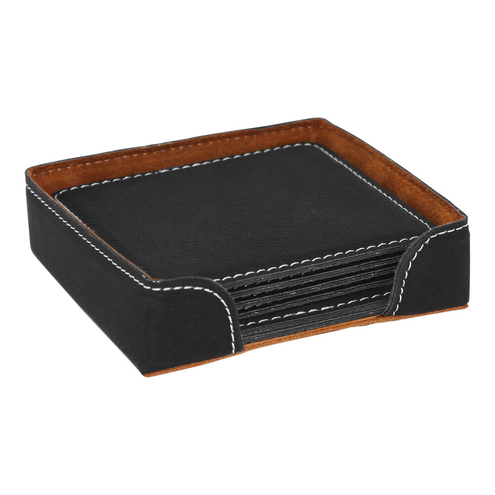 Franmara Suave 3 7/8" Black Square Leatherette Coaster Set with Holder - 6/Set