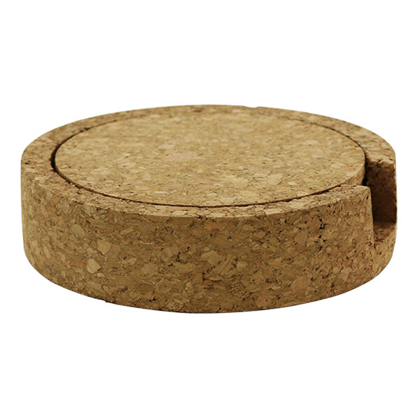 Franmara 4" Round Cork Coaster Set with Holder - 4/Set