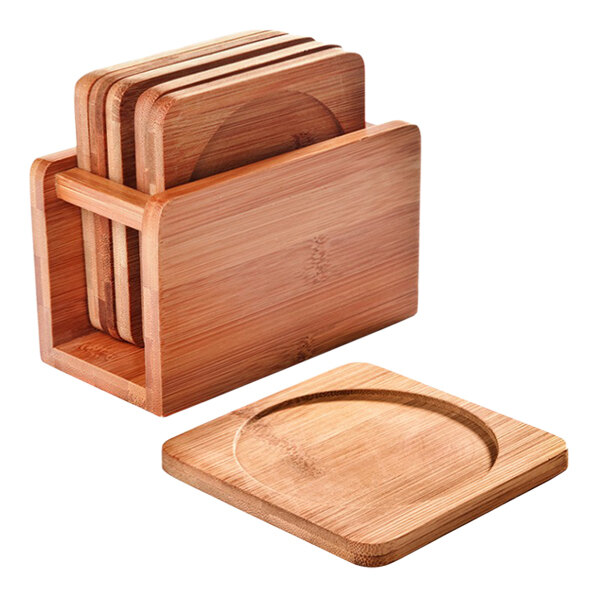Franmara 4 1/2" Bamboo Wine Coaster Set with Holder - 6/Set
