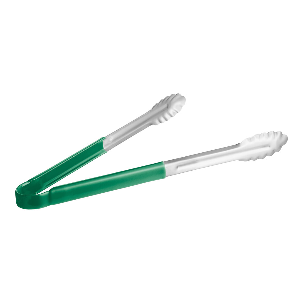 Choice 16" Green Coated Handle Stainless Steel Scalloped Tongs